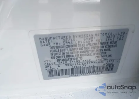 2015 Nissan Sentra S/Sv/Sr/Sl z USA, uszkodzony, nr VIN 3N1AB7AP2FY238775